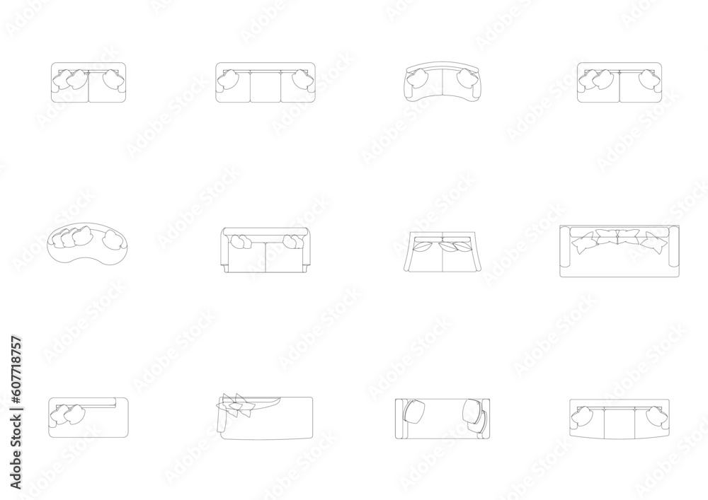 furniture icon interior plan view, top set vector. architecture house bed line home outline apartment bed room collection isolated layout design project blueprint. 
