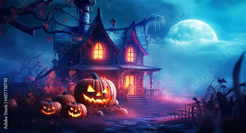 halloween poster, scary pumpkin and house, with fantastic background, generative ai