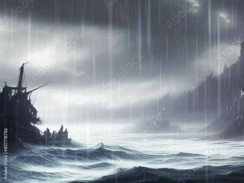 illustration hevy rain and thunder in mountain sea photo