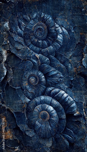 Fossilized ammonite sea shell spirals embedded into dark cobalt blue slate rock. Prehistoric layered and ridged stone texture with detailed surface patterns - generative ai