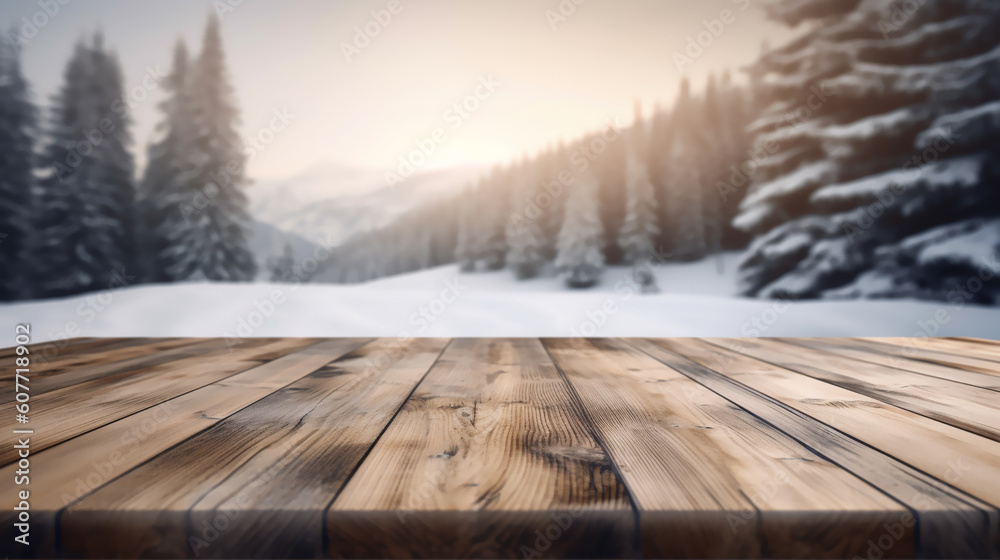 An empty wooden counter table top for product display showcase stage in snowy mountain with a forest of fir trees background. Generative AI An empty wooden counter table top for product display showcase stage in snowy mountain with a forest of fir trees background. Generative AI