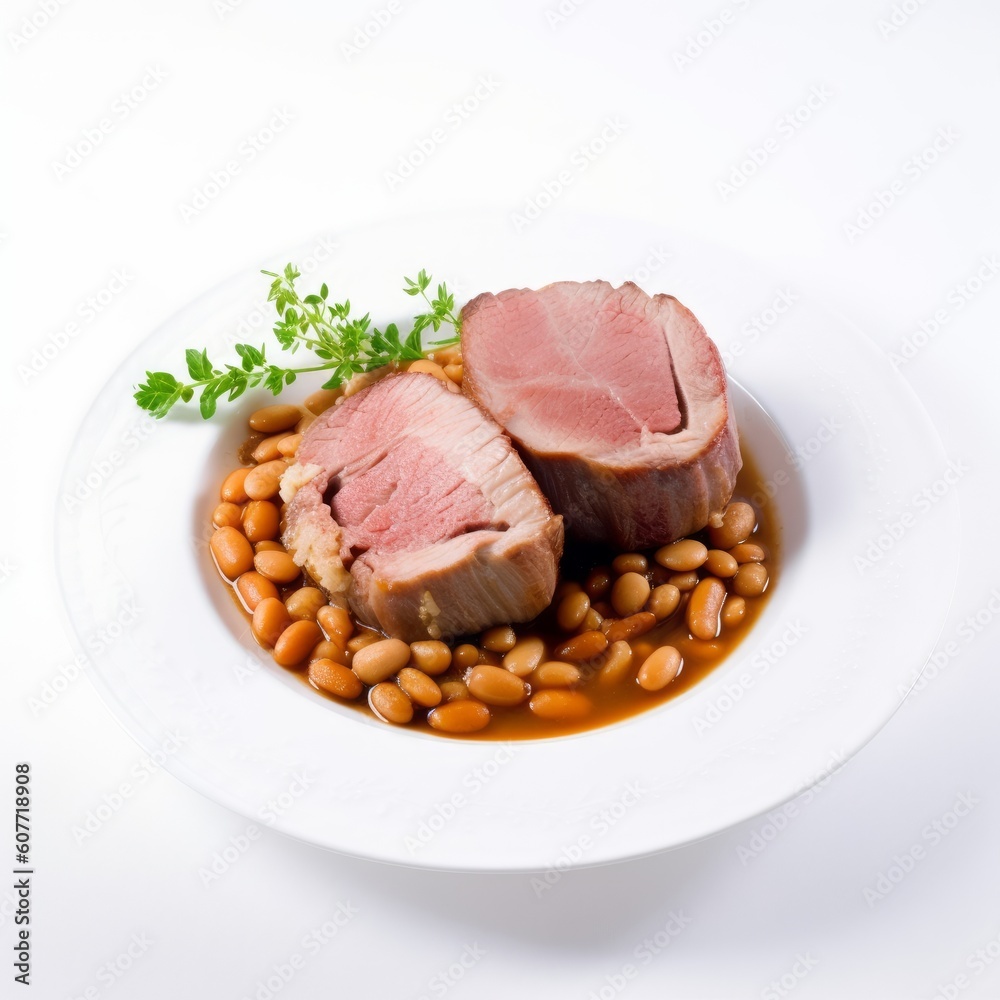 Roast beef meat served with beans on white plate, Generative ai Roast beef meat served with beans on white plate, Generative ai