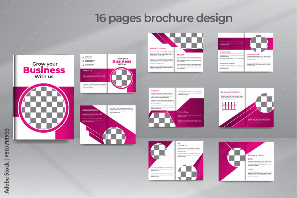 Corporate Business 16 Page Brochure Design Template Layout. Colorful Modern and Elegant Creative Abstract Bi-fold Annual Report or Business Profile Profile Design Theme for Multipurpose Use