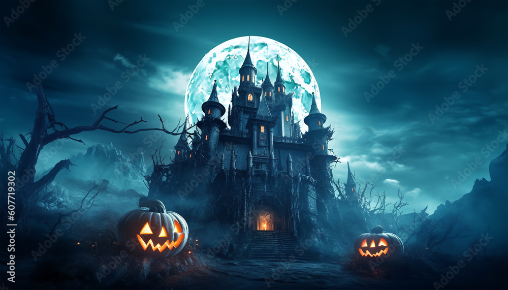 halloween background. scary haunted castle poster. generative ai Stock