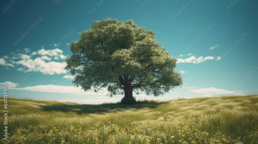 Fototapeta premium Lonely green tree in the field. Generative Ai