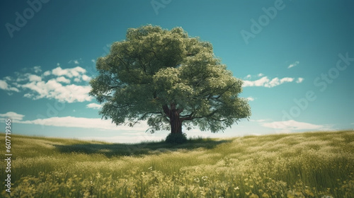 Lonely green tree in the field. Generative Ai © andranik123