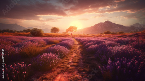 Purple blooming lavender field. Generative Ai © andranik123