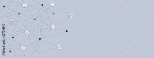 Business and network connection concept with infographic elements and icons. Digital communication technology, networking and connected dots lines.