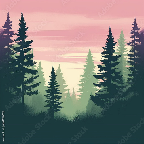 It showcases shady trees against a vibrant sunset, conjuring a calm and majestic atmosphere for your workspace. Green, orange and purple theme © May