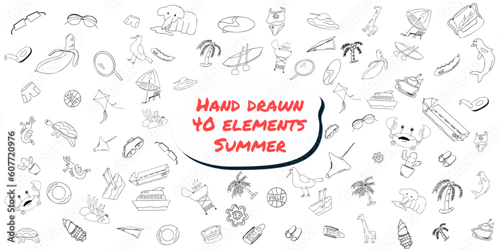 Bundle of elements with the topic Summer. Simple hand drawn. Vector set. Drawing pen ink illustration