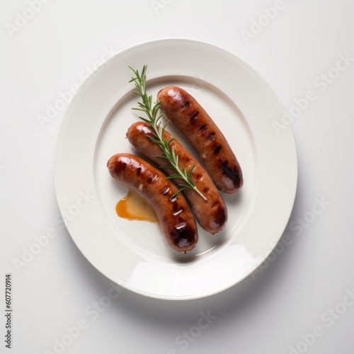 Served beef roasted sausage on white plate, Generative ai