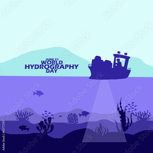 underwater illustration with a ship using sonar to examine the ocean depths with  corals, fish and bold text to commemorate World Hydrography Day on June 21