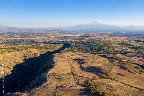 Aerial view of Amberd canyon and Mount Ararat on sunny autumn day. Armenia.
