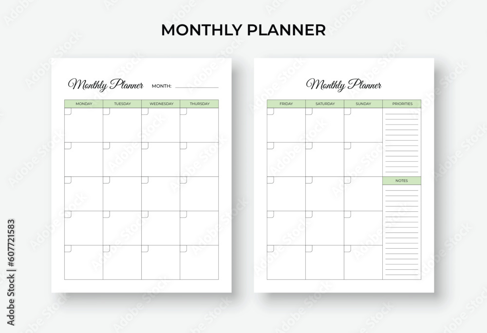 Monthly Planner Template, Monthly Calendar Checklist Stock Vector