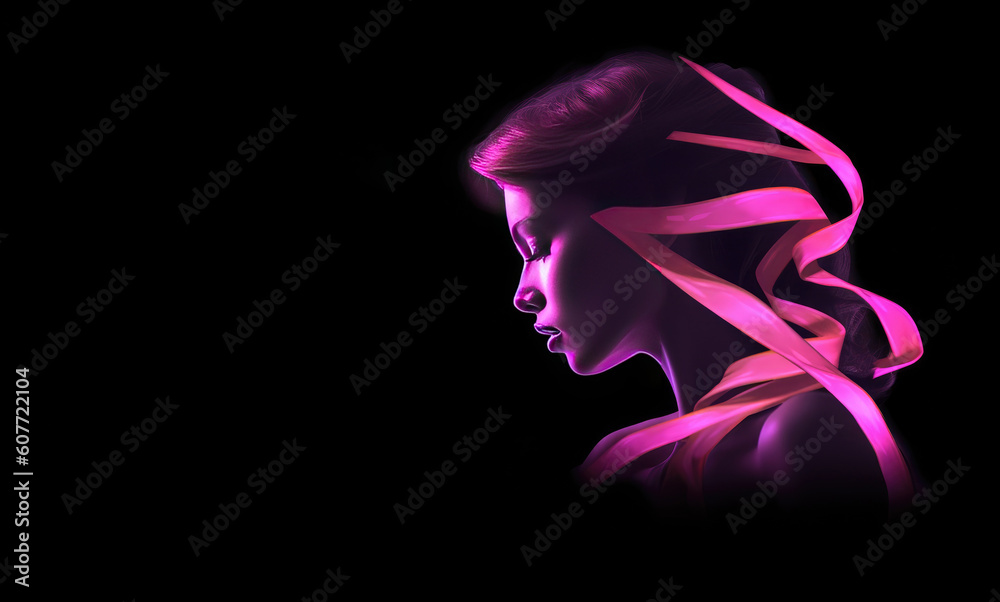 Silhouette of an anonymous and resilient woman, a cancer survivor, with the cancer symbol of a pink ribbon. Generative AI Silhouette of an anonymous and resilient woman, a cancer survivor, with the cancer symbol of a pink ribbon. Generative AI