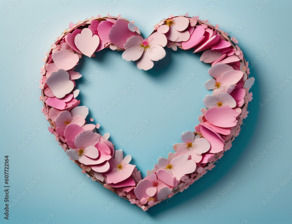 Generative AI Pink Sakura Petals in Heart Shape frame