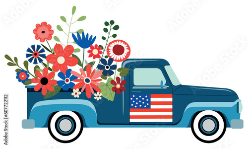 Blue american patriotic pickup truck with flowers illustration. Isolated on white background. 4th of July themed festive card design.