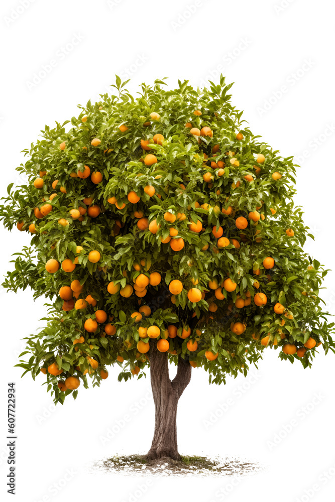 An orange tree full of ripe fruit isolated on transparent background. Generative AI.