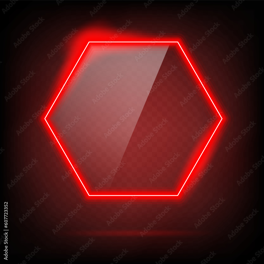Hexagon frame transparent glass effect. Abstract red light neon border shape. Futuristic screen glowing vector background.