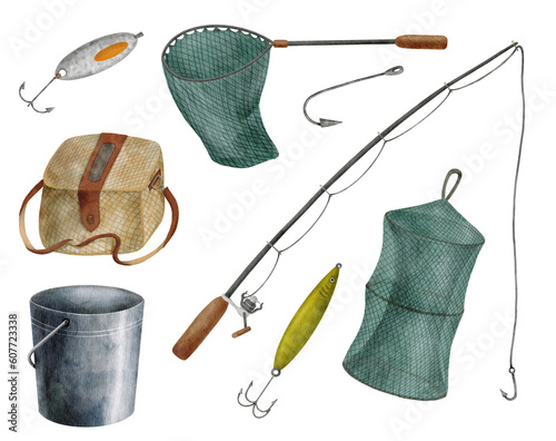Canvastavla Watercolor fishing tackle set