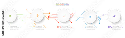5 Business option infographic template. Minimal circle circuit step workflow number icon presentations. Timeline diagram object vector.