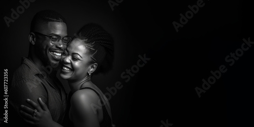 Black and white photorealistic studio portrait of a happy loving couple on black background. Generative AI illustration