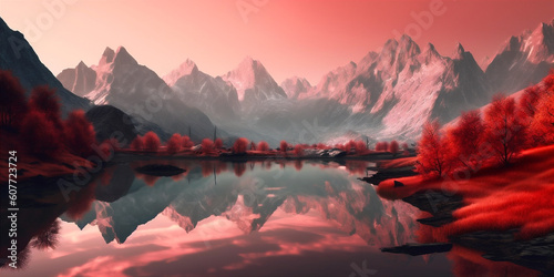 Surreal scene of mountain range at dusk with the bright red sky and mountain lake. AI generated.