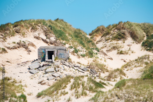 Ruin of a german bunker in Normandy, France from the Second World War, D-Day military invasion by the allies, history of Europe