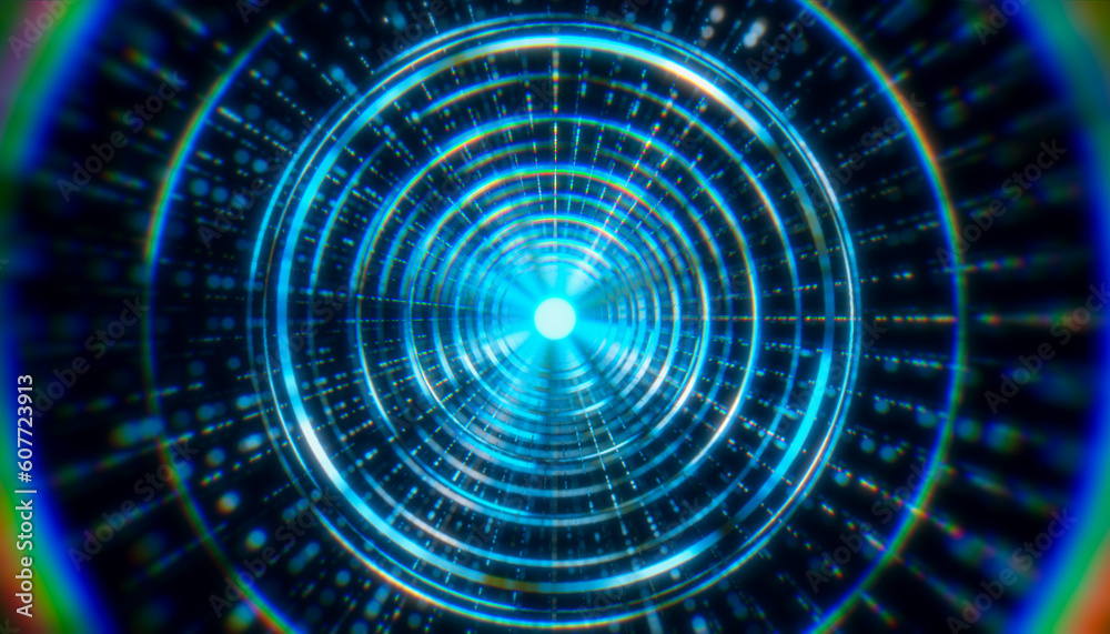 Illustation of circles in a tunnel with particles against a dark background - abstract background. Illustation of circles in a tunnel with particles against a dark background - abstract background.