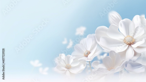 white flowers on blue background with copy space