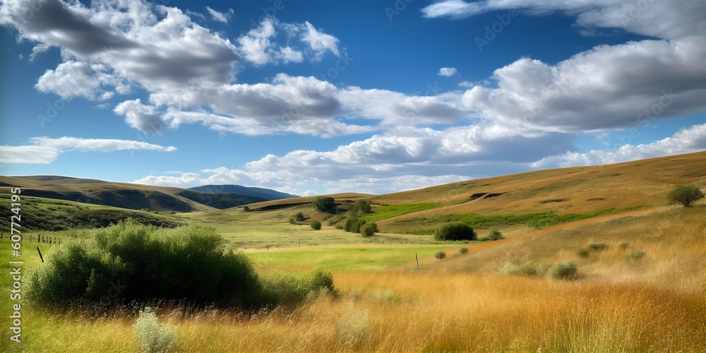 Tranquil countryside with rolling hills and clear blue sky. AI generated.
