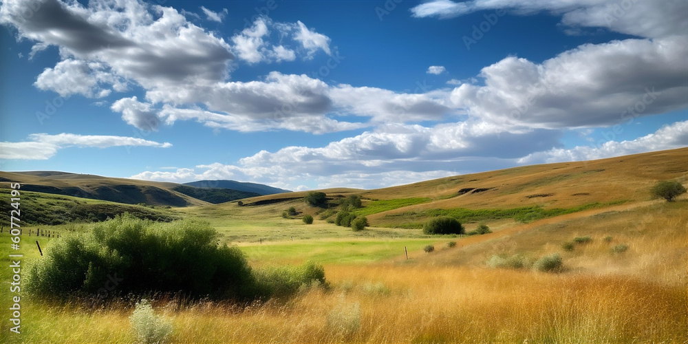 Tranquil countryside with rolling hills and clear blue sky. AI generated. Tranquil countryside with rolling hills and clear blue sky. AI generated.