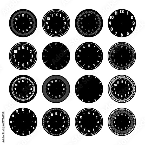 Mechanical clock faces, watch dial with numerals, bezel. Timer or stopwatch element with minute, hour marks and numbers. Blank measuring circle scale with divisions. Vector illustration