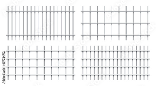 Realistic shiny metal prison bars isolated on white background. Detailed jail cage, prison iron fence. Criminal background mockup. Vector illustration