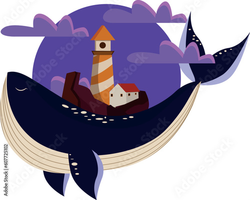 The Adventures of Tommy and the Whale: A Decal for Boys with a Lighthouse and a House on the Whale's Back Surrounded by Purple Clouds