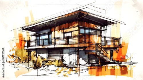 Concept technical design sketches of houses and villas in ink & pencil and watercolor. Artistic sketches detail architecture showcasing modern and traditional houses. Generative AI