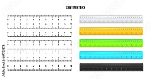 Realistic metal rulers with black centimeter scale for measuring length or height. Various measurement scales with divisions. Ruler, tape measure marks, size indicators. Vector illustration