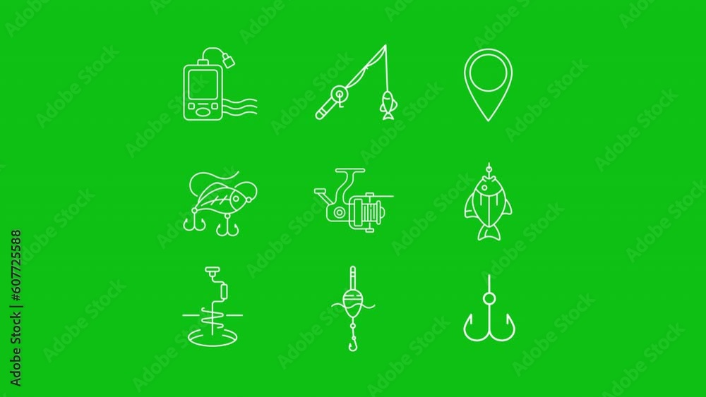 Animated fishing tackle white icons. Boat accessory line animation ...