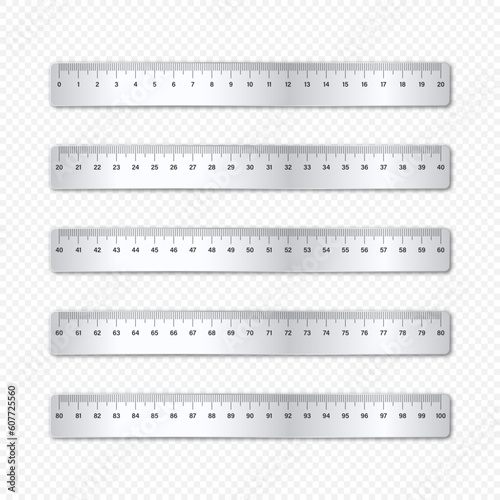 Realistic various shiny metal rulers with measurement scale and divisions, measure marks. School ruler, centimeter scale for length measuring. Office supplies. Vector illustration