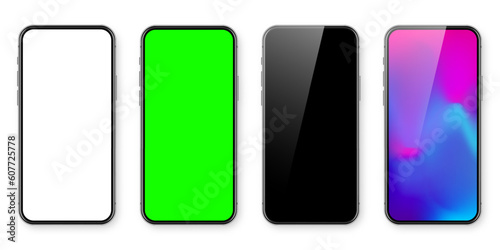 Smartphone with blank touch screen and abstract colorful wallpaper, green chroma key background. Frameless mobile phone in front view. High quality detailed device mockup. Vector illustration