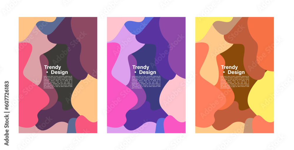 Set of trendy modern colorful posters with elements of liquid forms and text. Liquid design style for advertising. Cover