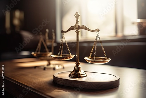 Decorative scales of justice on the table. Generative AI