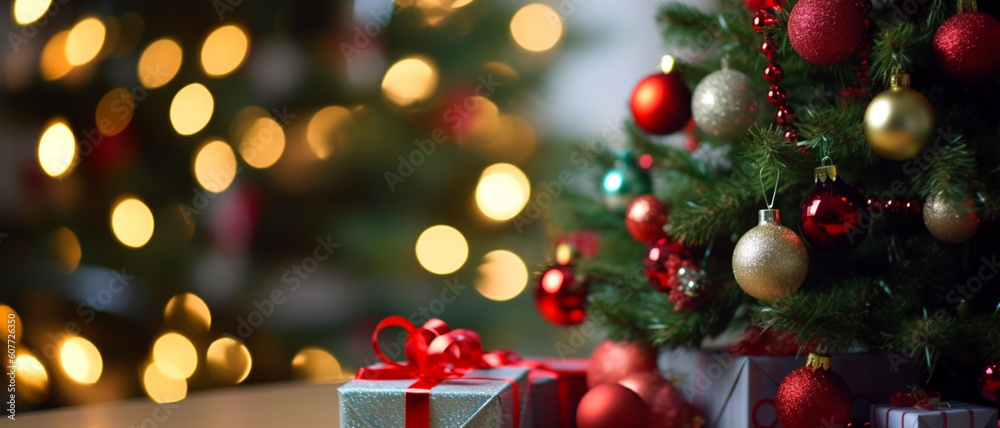 bokeh background christmas banner with copy space. generative ai