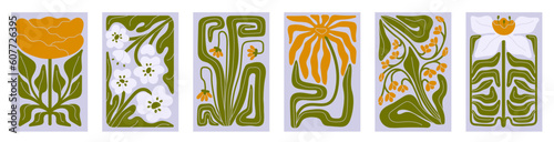 Floral posters set. Modern botanical cards, wall art. Creative abstract flowers, green leaves, blossomed blooming summer plants in trendy contemporary style. Flat graphic vector illustrations