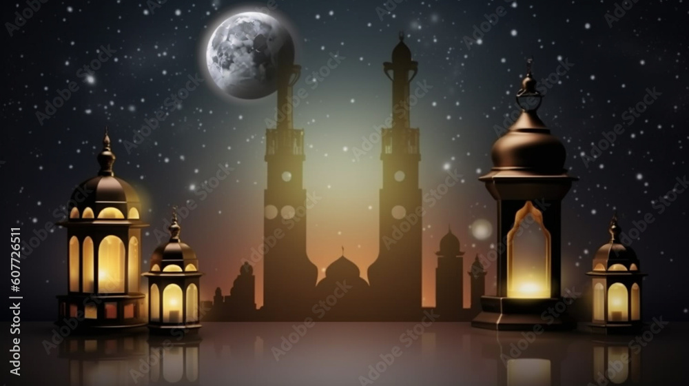 Obraz premium islamic background with moon lanterns and mosque for ramadan eid ul fitr and eid al adha eid milad muharram generative ai