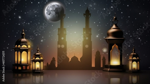 islamic background with moon lanterns and mosque for ramadan eid ul fitr and eid al adha eid milad muharram generative ai