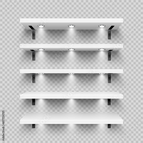 Realistic white store shelves with wall mount and lighting, spotlights. Empty product shelf, grocery wall rack. Mall and supermarket furniture, bookshelf. Modern interior design. Vector illustration