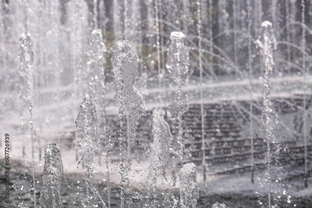 Light and music fountain on a spring morning. Natural Museum-reserve 