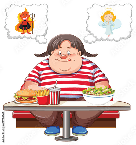 Overweight woman fighting between eating healthy or unhealthy food