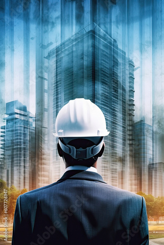 worker or engineer with safety helmet, skyscraper construction. Ai generative